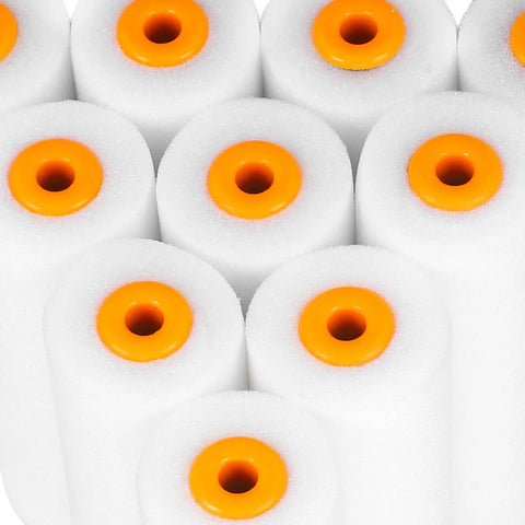 Straight Up Quality Mini Sponge Paint Roller Covers, No Worries Low Lint Sleeves close-up view of soft white sponge rollers with orange ends.