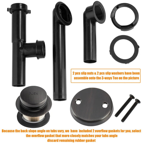 One And A Half Inch Black Tubular Bath Drain Kit With Tip Toe Touch Toe Drain Stopper Overflow Plug Face Plate Screws And Oil Rubbed Bronze Finish For No Fuss Easy Tub Drain Replacement showing components
