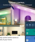 Interior with colorfully lit rooms using Works With Alexa BR30 Smart Flood Light Bulbs With Full Color And Tunable White, app control shown.