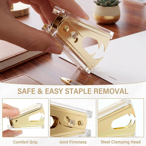 Gold Desk Stapler Set With Acrylic Finish, 20 Sheet Capacity, showcasing staple remover held by hand, close-up view