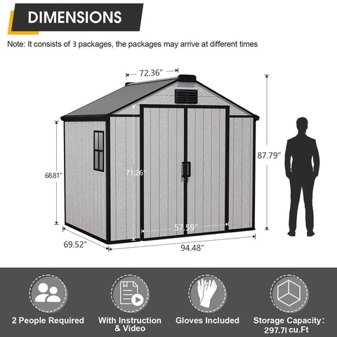 8x6 Ft Outdoor Resin Storage Shed With Lockable Doors And Windows dimensions and features diagram