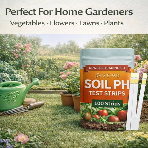 Soil pH Test Strips Kit For Gardens And Lawns, 100 Tester Strips, 3.5 To 9 Range, product packaging outdoors