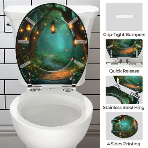 Toilet Seat Round Resin for Bathroom with forest scene design, fitting sizes 4-7 inches, suitable for various models.