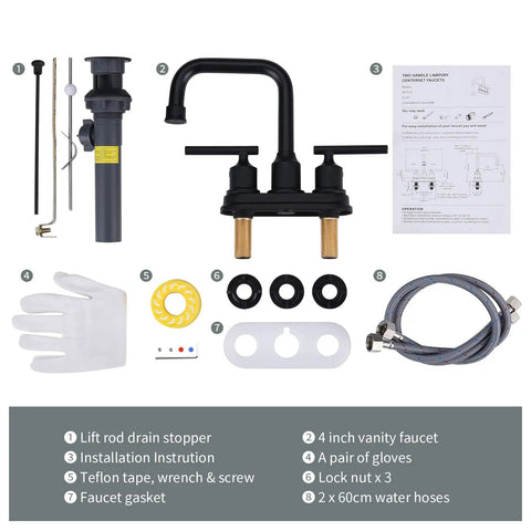 Components of Matte Black 4 Inch Centerset Bathroom Faucet With Two Handles High Arc Lavatory Sink Tap Lift Rod Drain Stopper And 360 Degree Rotation For Modern Vanity