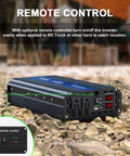 Three Thousand Watt Power Inverter From 12V DC To 110V 120V AC With 6000W Peak LCD Display featuring dual AC outlets and remote control in outdoor setting
