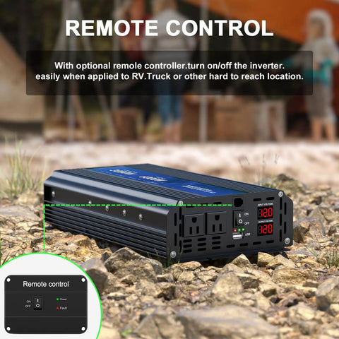 Three Thousand Watt Power Inverter From 12V DC To 110V 120V AC With 6000W Peak LCD Display featuring dual AC outlets and remote control in outdoor setting