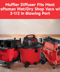 Three red wet/dry vacuums with 2-1/2 inch ports compatible with Two And A Half Inch Muffler Diffuser Replacement.