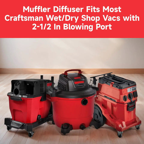 Three red wet/dry vacuums with 2-1/2 inch ports compatible with Two And A Half Inch Muffler Diffuser Replacement.