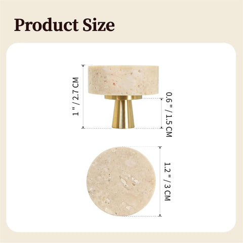 Set Of Six Natural Stone Cabinet Knobs And Round Marble Drawer Pulls With Solid Brass Base For Kitchen Cabinets And Bathroom Vanities Adding Swanky Charm That Is Built Like A Tank And Feels Dead Legit, showing size details.