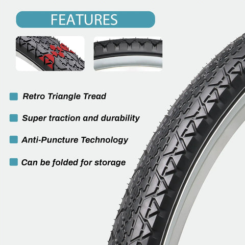 Close-up of tread on 2 Pack Cruiser Bike Tires With Inner Tubes And Tire Levers, 26x2.125 Inch Folding Replacement Tires