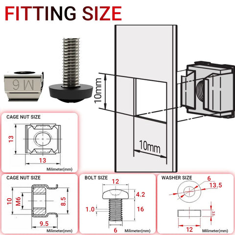Badass M6 Cage Nuts With 16mm Screws For Rack Mount Server Cabinets And Network Gear Nickel Plated Rust Resistant Server Rack Hardware 100 Piece Set No Sweat Install Setup fitting size diagram with measurements of cage nut and bolt