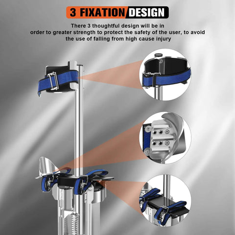 Close-up of 18 To 30 Inch Aluminum Drywall Stilts showing adjustable fixation design for stability and safety.