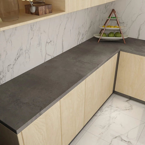 Charcoal Concrete Wallpaper Peel And Stick 3D Thick Faux Cement Contact Paper Vinyl Wrap For Walls, shown on a kitchen surface.