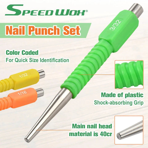 Killer Gear 3 Piece Nail Punch And Setter Kit Featuring 1 32 1 16 And 3 32 Inch Sizes with color-coded tips and shock-absorbing grips.