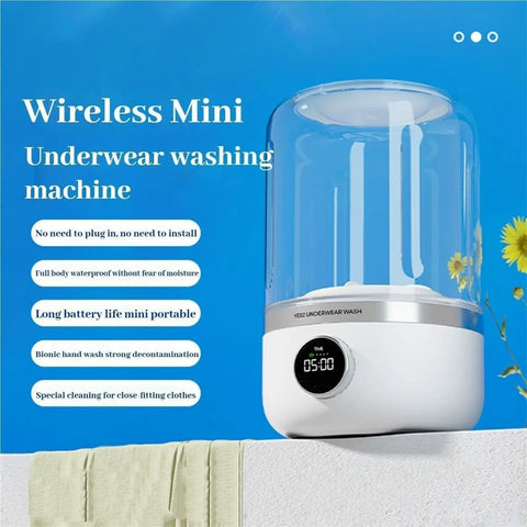 Portable Mini Washing Machine Rechargeable Compact Personal Laundry Sidekick For Underwear And Socks Lightweight Travel Quick Spin Cycle on a blue background.