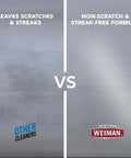 Comparison of stainless steel surfaces: Scratched side vs. Weiman Stainless Steel Cleaner and Polish Kit side with streak-free shine.