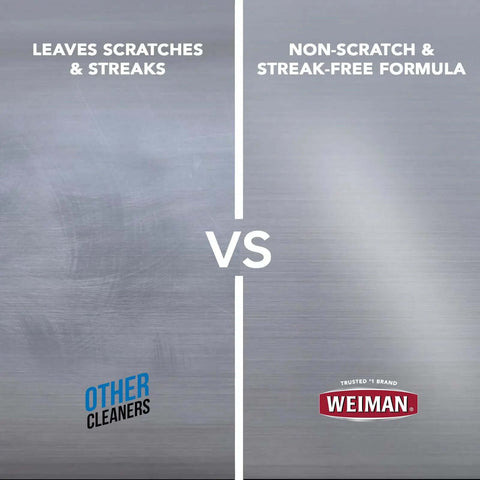 Comparison of stainless steel surfaces: Scratched side vs. Weiman Stainless Steel Cleaner and Polish Kit side with streak-free shine.
