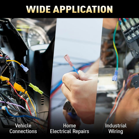Wide application of Nylon Spade Quick Disconnect Wire Connector Kit for vehicle, home electrical, and industrial wiring projects.