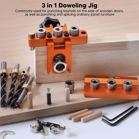 Three In One Doweling Jig Drill Kit With Pro Grade Aluminum Alloy Construction, Precise Scale, Quick Clamping, And Bonus Drilling Sleeve with accessories