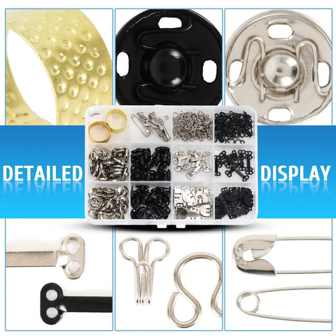 Everyday Quick Fix Hook And Eye Sewing Kit With 112 Pairs In Assorted Sizes Black And Silver Metal Closures For Clothing Bras Skirts Dresses Pants Plus Handy Organizer shown with detailed view of contents