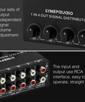 1 In 4 Out Stereo Audio Distribution Amplifier With Independent Output Volume Control And RCA Interface, front and back view