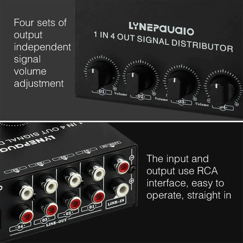 1 In 4 Out Stereo Audio Distribution Amplifier With Independent Output Volume Control And RCA Interface, front and back view