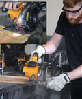 Man using 20V Ultra Cordless Circular Saw With Laser Guide And Luminmax LED for clean, straight cuts on plywood