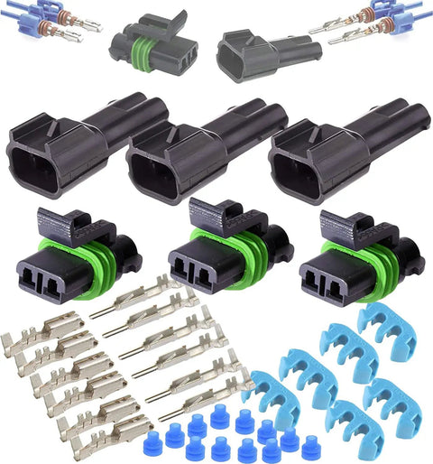 Metri Pack 280 Series 2 Way Waterproof Connector Kit with 10 12 AWG Terminals, seals, and housings for automotive wiring.
