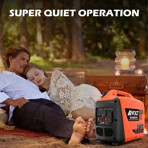 1600W Super Quiet Inverter Generator For Camping And Home Use next to couple relaxing outdoors