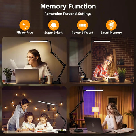 LED Desk Lamp With Clamp And Base Two In One Desk Light showing memory function for reading, studying, and family use in multiple settings