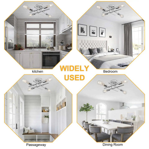 Semi Flush Mount 4 Light Sputnik Chandelier For Kitchen Island Living Room Dining Room Bedroom Hallway Dope With E26 Base Matte Black Finish Modern Rustic Farmhouse Ceiling Light used in various rooms.