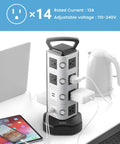Power Strip Surge Protector Tower With Four USB Ports And Fourteen Outlets For Easy Charging next to devices
