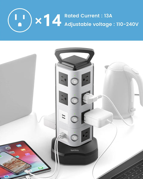 Power Strip Surge Protector Tower With Four USB Ports And Fourteen Outlets For Easy Charging next to devices