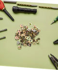 Premium Gold U Shaped Automotive Fasteners 50 Piece Set Replacement Panel Mounting Clips on green surface with tools.