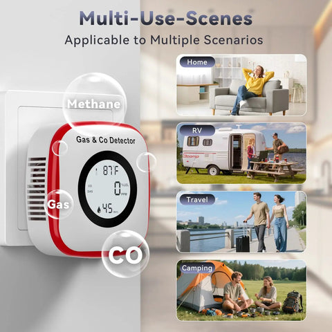 Five In One CO And Gas Leak Detector With Plug In And Battery Backup Temperature Humidity Sensor And Loud Sound And Light Alarm For Home Safety Easy Install And Quick Response shown in multi-use scenarios