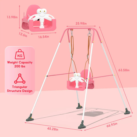 3-In-1 Toddler Swing Set With Metal Stand For Indoor Outdoor Use, Freestanding Swing, Pink And White, dimensions and plush toy visible.