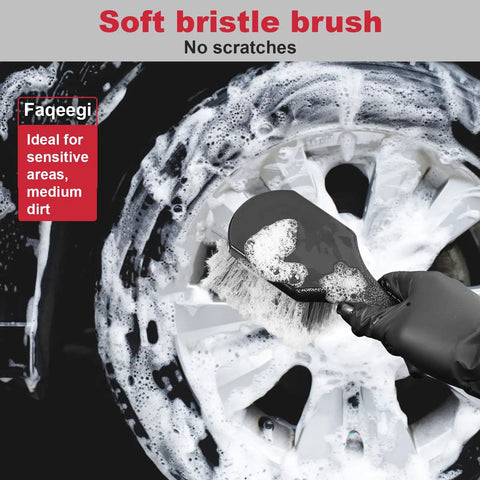 Soft bristle brush cleaning alloy wheel in 9 Piece Pro Wheel Detailing Kit For All Vehicles With Removable Flat Rim Brush Scratch Free