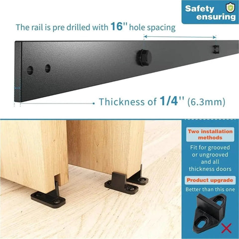 5 Ft Barn Door Hardware Kit For Single Track Double Wooden Doors With Flat Track Roller System components shown