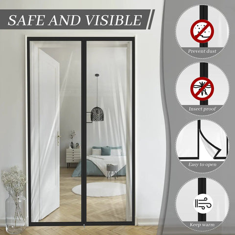 Two Piece Zipper Dust Barrier Door Kit 48 By 87 Inch Easy Install Temporary Wall Screen displayed in doorway with features listed