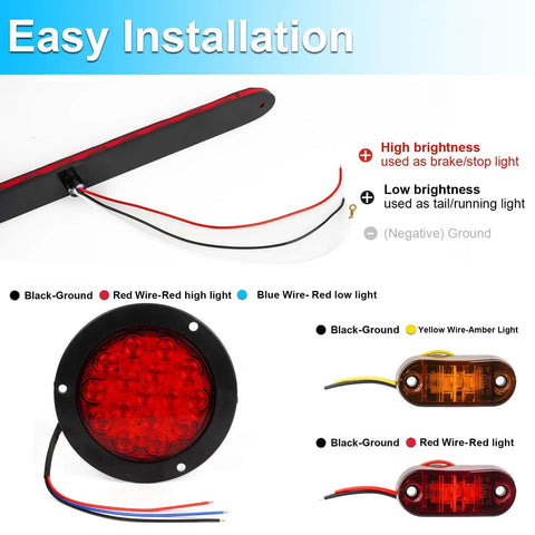 4 Inch Round LED Trailer Lights Kit with waterproof wiring diagram, showing stop and tail light connections for RV truck boat