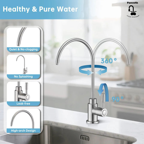Brushed Gold Drinking Water Faucet For Kitchen Sink Solid Brass Construction Reverse Osmosis Compatible Water Filter Faucet With Single Handle Non Air Gap Heavy Duty Kitchen Tap, 360-degree swivel displayed