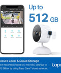 1080p Indoor Outdoor Security Camera With Motion And Person Detection, Baby Cry Alerts, Color Night Vision, IP65 Weatherproof, Local SD Or Cloud Storage, Works With Alexa And Google Home next to smartphone app interface.