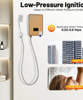 Heavy Duty Electric Tankless Water Heater With Instant Hot Shower Output Digital Touch Panel Wall Mount Design Energy Saving Tech Built Sick And No Sweat Operation Total Game Changer For Modern Home Plumbing Setup, featuring low-pressure ignition.