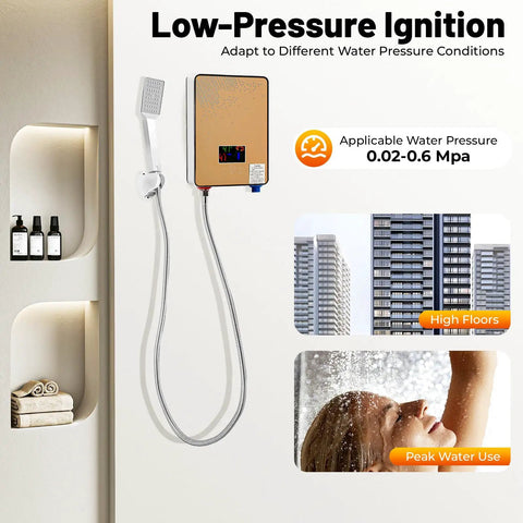 Heavy Duty Electric Tankless Water Heater With Instant Hot Shower Output Digital Touch Panel Wall Mount Design Energy Saving Tech Built Sick And No Sweat Operation Total Game Changer For Modern Home Plumbing Setup, featuring low-pressure ignition.