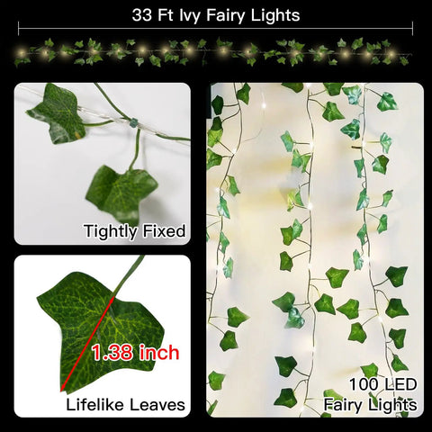 Vine With Fairy Lights Battery Operated 33Ft 100 LED Pothos String Lights With Remote Warm White Leaves, ivy leaf close-up view.