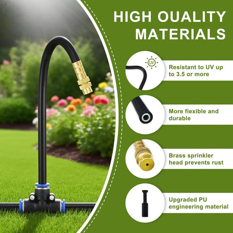 Fifty Foot Automatic Drip Irrigation Kit With Tool Free Quick Connectors Fifteen Copper Atomizing Nozzles And 360 Degree Bendable Spray