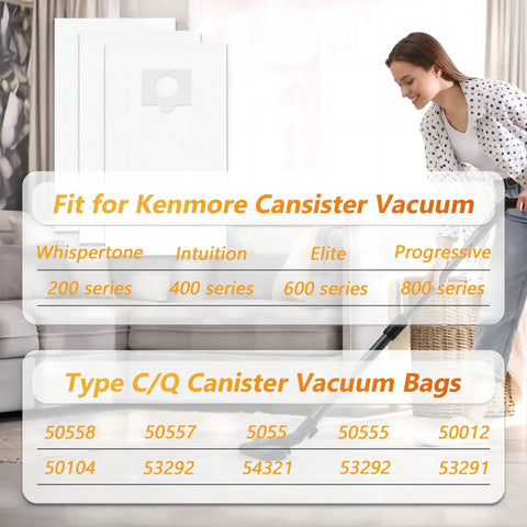 Woman vacuuming with 5 Layer HEPA Cloth Vacuum Bag Replacement For Canister Vacuums 5055 50557 50558 20 To 53292 53291 shown in background.