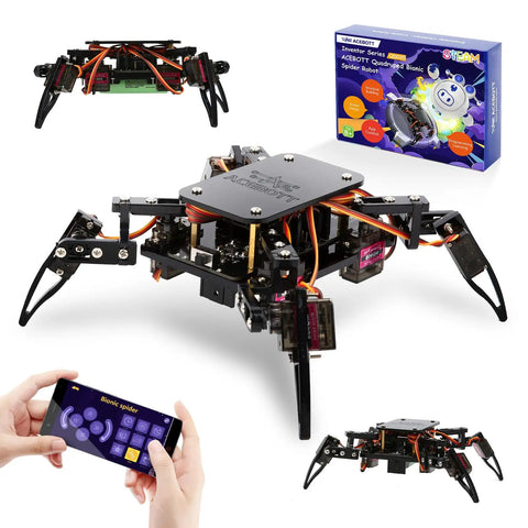 ESP8266 Spider Robot Building Kit with app remote, shown in multiple angles, highlighting 6-legged design and packaging