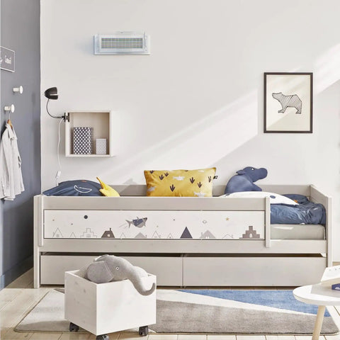 Magnetic Heat And Air Vent Deflector 8.5 To 15 Adjustable For Vents 2 Pack installed above a child's bed in modern bedroom.