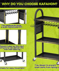Power Tool Organizer Cart With Charging Station And Battery Charger Mobile Rolling Workshop Cart On Wheels With Locking Swivel Casters Holds Eight Drills Utility Cart With Eight Outlet Power Strip For Garage Storage showing tray design, four wheels, and pegboards.